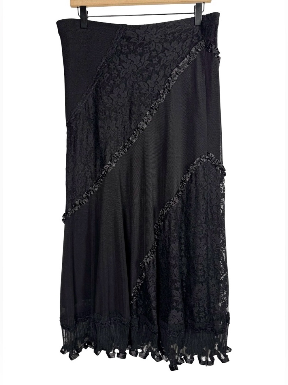 Vintage ROSSI ROMA Black Floral Lace Ribboned Whimsigoth Layered Maxi Skirt Sz L
